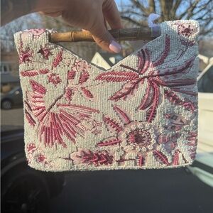 Embroidered Beaded Pink Floral Top-Handle Bag